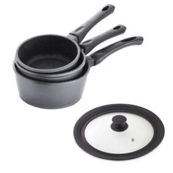 Lot 3 Casseroles Dur Comme La Pierre 16,18 Et 20 Cm Et Couvercle Multi-diamètres