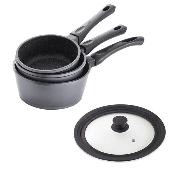 Lot 3 Casseroles Dur Comme La Pierre 16,18 Et 20 Cm Et Couvercle Multi-diamètres 1 Lot 3 Casseroles Dur Comme La Pierre 16,18 Et 20 Cm Et Couvercle Multi-diamètres