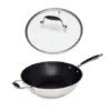 Lot Wok Inox Antiadhérent Et Couvercle Verre 30 Cm Excell'Inox