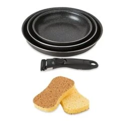 Batterie Poêles Anti-adhérentes Effet Pierre Manche Amovible Et 2 éponges Végétales