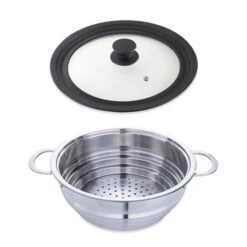 Lot Panier Vapeur Multidiamètre 20, 22, 24 Cm Et Couvercle En Verre Multidiamètre